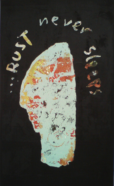 「rust never sleeps」というタイトルの製版 Δημήτριος Σπανόπουλοςによって, オリジナルのアートワーク, スクリーン印刷