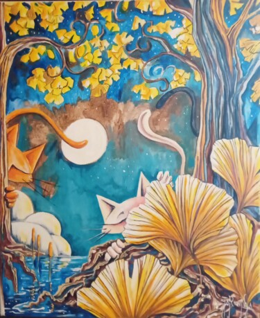 Malerei mit dem Titel "Chats gingko" von Jsroosenys, Original-Kunstwerk, Acryl