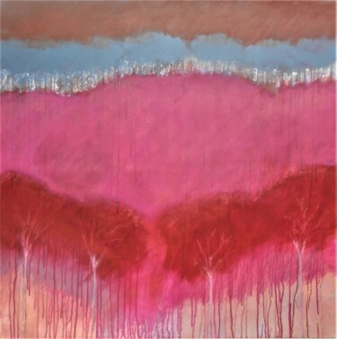 Painting titled "Red Trees on a Pink…" by June Stapleton, Original Artwork, Acrylic Mounted on Wood Stretcher frame