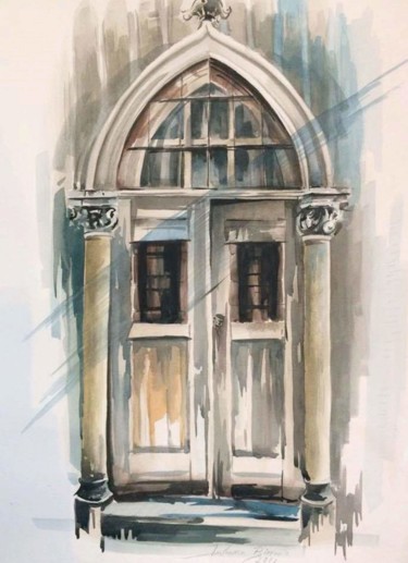 Painting titled "The Door" by Juliana Birrento, Original Artwork, Watercolor