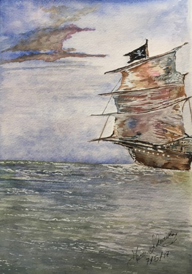 Painting titled "The ship" by Almanzart, Original Artwork, Watercolor