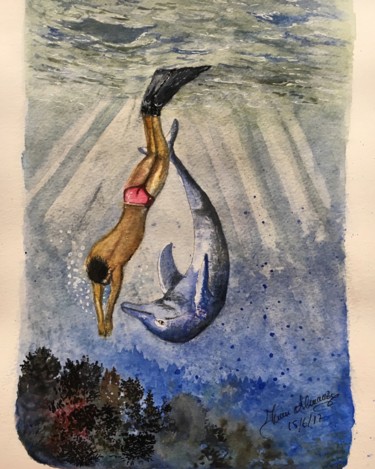 Pintura titulada "El nadador" por Almanzart, Obra de arte original, Acuarela