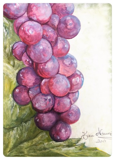 Painting titled "Red Grapes" by Almanzart, Original Artwork, Watercolor