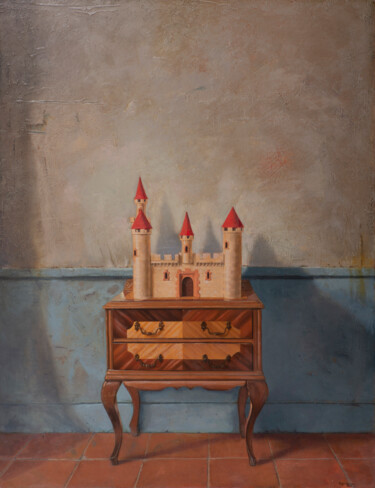Painting titled "Castillo sobre mesi…" by Juan Álvarez Cebrián, Original Artwork, Oil Mounted on Wood Stretcher frame