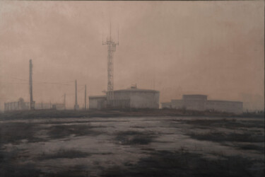 Painting titled "Amanecer con niebla" by Juan Álvarez Cebrián, Original Artwork, Oil Mounted on Wood Stretcher frame