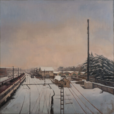 Pintura intitulada "Estacion nevada" por Juan Álvarez Cebrián, Obras de arte originais, Óleo Montado em Armação em madeira