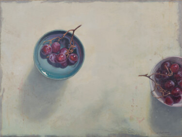 Painting titled "Tazones con uvas II" by Juan Álvarez Cebrián, Original Artwork, Oil Mounted on Wood Stretcher frame