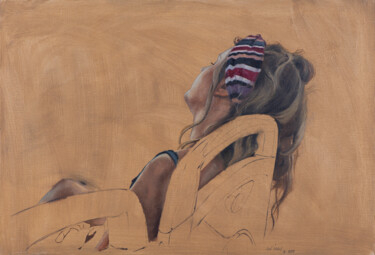 Painting titled "Girl on the bus" by Juan Álvarez Cebrián, Original Artwork, Oil Mounted on Wood Stretcher frame