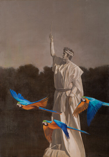 Painting titled "Vuelo raso" by Juan Álvarez Cebrián, Original Artwork, Oil Mounted on Wood Stretcher frame