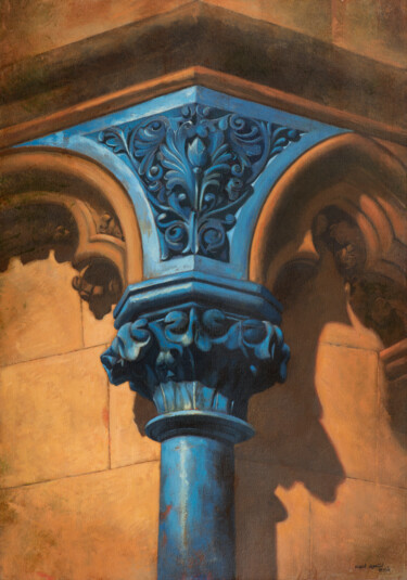 Painting titled "Capitel Azul" by Juan Álvarez Cebrián, Original Artwork, Oil Mounted on Wood Stretcher frame