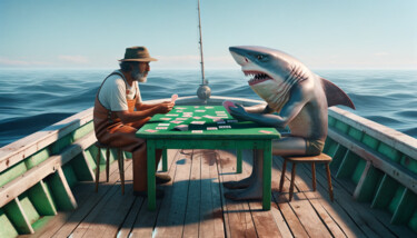 Arte digital titulada "Pescador y Tiburón…" por Juan Carlos Pascual, Obra de arte original, Imagen generada por IA
