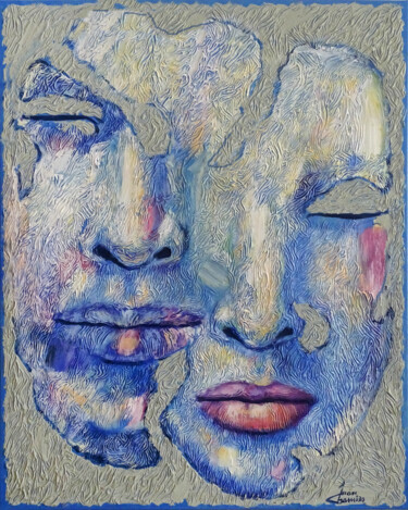 Malerei mit dem Titel "Pareja en azul" von Juan Chamizo, Original-Kunstwerk, Acryl Auf Keilrahmen aus Holz montiert