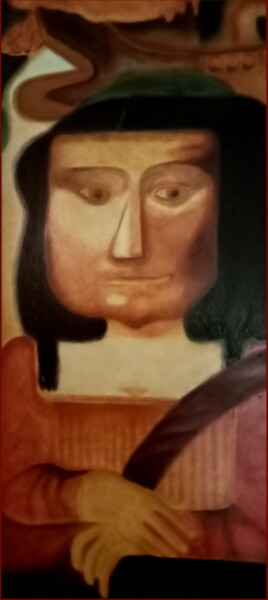 Painting titled "LA GIOCONDE" by Juan Saenz, Original Artwork, Oil Mounted on Wood Panel