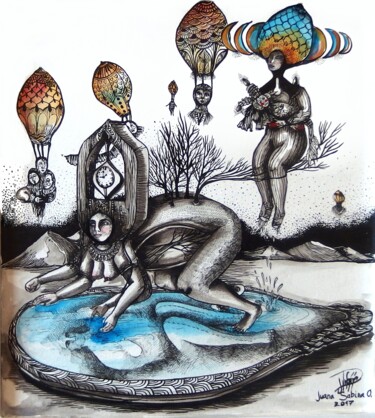 Schilderij getiteld "Le miroir" door Juana Sabina Ortega, Origineel Kunstwerk, Inkt