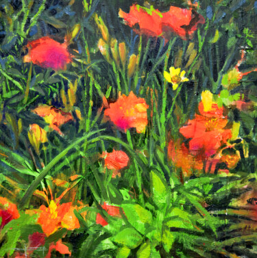 Painting titled "Flores rojas" by Juan Del Campo, Original Artwork, Oil Mounted on Wood Stretcher frame