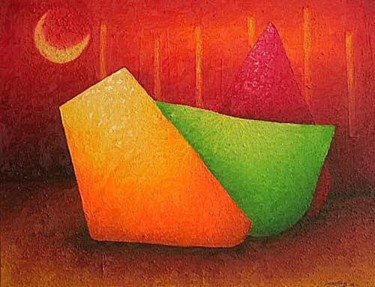 Pintura titulada "tres con luna" por Juan Sacristan, Obra de arte original, Oleo