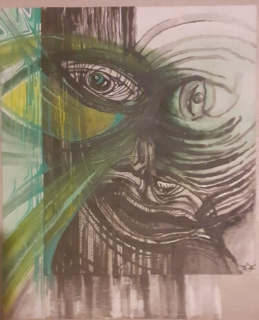 Painting titled "Visage vert" by Thierry Capdevielle, Original Artwork, Acrylic