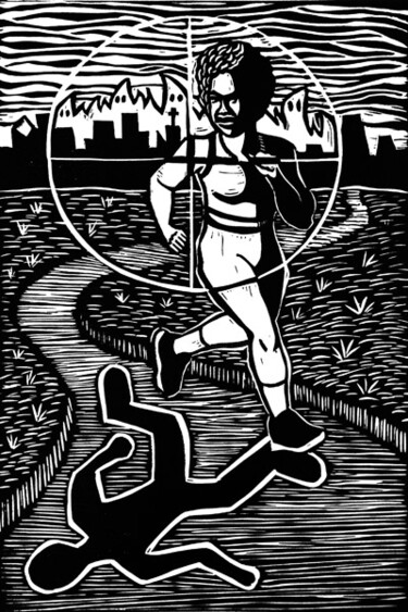 Отпечатки и Гравюры под названием "Running While Black" - Juarez Hawkins, Подлинное произведение искусства, Линогравюры