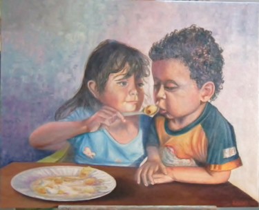 Pittura intitolato "nina-dando-de-comer…" da Eduardo Juárez, Opera d'arte originale, Olio