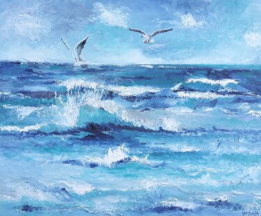 Peinture intitulée "Mer agitée" par Judith Hassan, Œuvre d'art originale, Huile Monté sur Carton