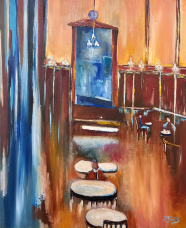 Schilderij getiteld "Le café du coin" door Judith Hassan, Origineel Kunstwerk, Olie Gemonteerd op Frame voor houten brancard