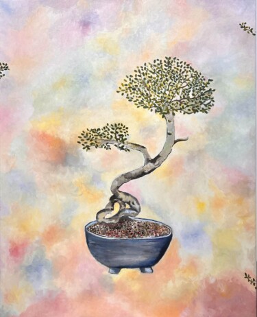 Painting titled "Bonsai" by Judith Hassan, Original Artwork, Oil Mounted on Wood Stretcher frame