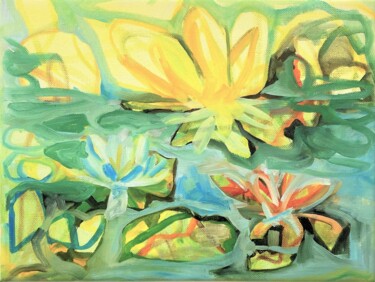 Painting titled "Waterlily Walz" by Judith Riemer, Original Artwork, Oil Mounted on Wood Stretcher frame