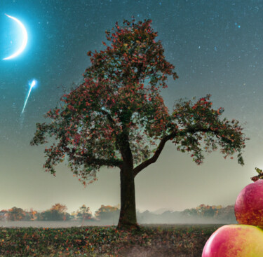 Digitale Kunst mit dem Titel "Träumender Apfelbaum" von Judith Simonis, Original-Kunstwerk, KI-generiertes Bild