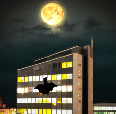 Digitale Kunst mit dem Titel "Batman Klebt Am Hau…" von Judith Simonis, Original-Kunstwerk, KI-generiertes Bild