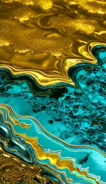 Digitale Kunst getiteld "Fluid Turquois Gold" door Judith Simonis, Origineel Kunstwerk, AI gegenereerde afbeelding