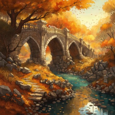 Digital Arts titled "Bridge Over Autumn…" by Judith Simonis, Original Artwork, AI generated image