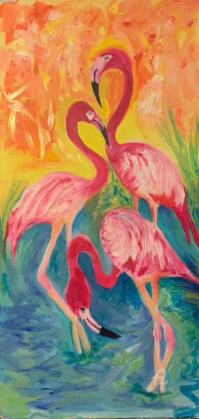 Malerei mit dem Titel "Drinking Flamingos" von Judydcreates, Original-Kunstwerk, Acryl