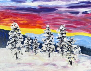 Painting titled "Sunset Forest Winter" by Judydcreates, Original Artwork, Acrylic