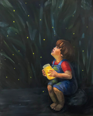 Schilderij getiteld "Firefly" door Judy Rioux, Origineel Kunstwerk, Olie