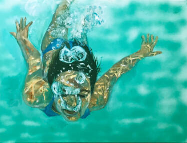 Malerei mit dem Titel "Blue Bikini and Bub…" von Judy Rioux, Original-Kunstwerk, Öl