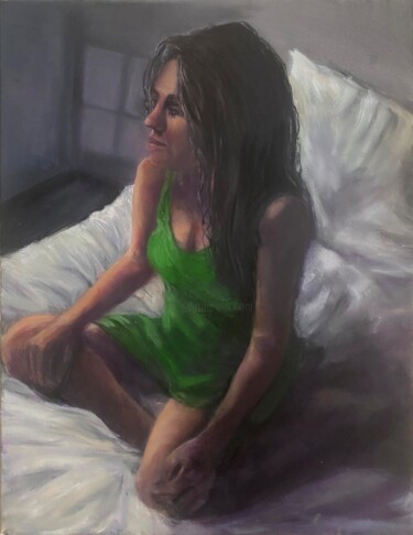 Painting titled "Woman on Bed" by Judy Rioux, Original Artwork, Oil