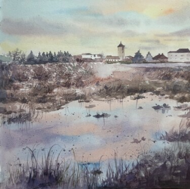 Painting titled "Bussy：lac I" by Jue Wang, Original Artwork, Watercolor