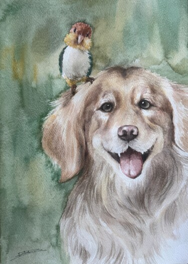 Painting titled "mes chers amis" by Jue Wang, Original Artwork, Watercolor