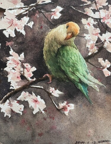 Painting titled "perroquet" by Jue Wang, Original Artwork, Watercolor