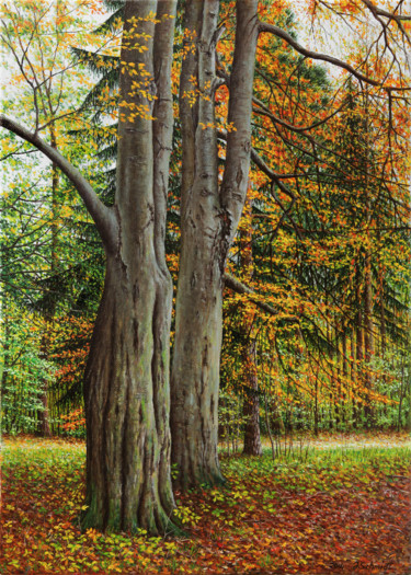 Peinture intitulée ""Herbstlicher Park"" par Jura, Œuvre d'art originale, Huile