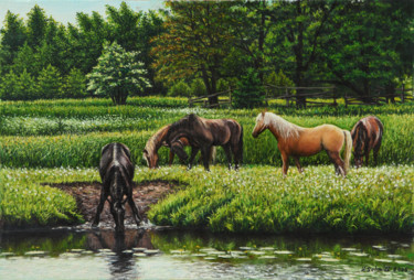 Malerei mit dem Titel ""Pferde am Fluß"" von Jura, Original-Kunstwerk, Öl