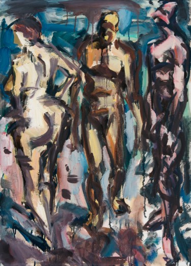 Malerei mit dem Titel "Drei Figuren am Str…" von Jürgen Weber, Original-Kunstwerk, Öl