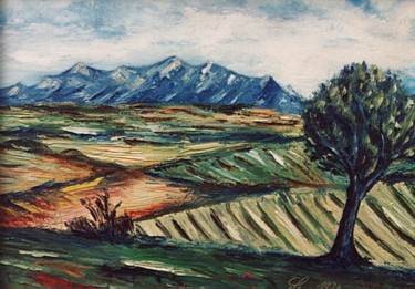 Malerei mit dem Titel "Landschaft mit Baum" von Jürgen Lang, Original-Kunstwerk