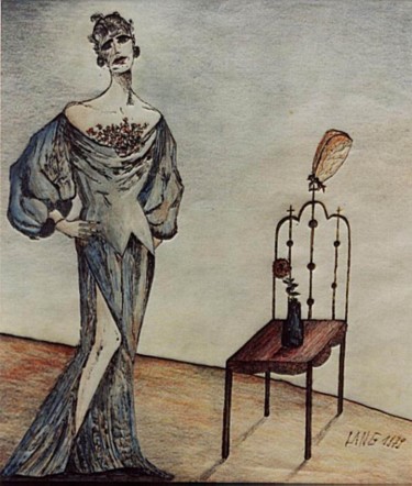 Malerei mit dem Titel "Dame über seltsame…" von Jürgen Lang, Original-Kunstwerk