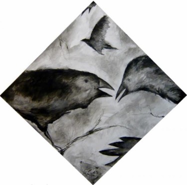 Malerei mit dem Titel "Ravens - Talk2" von Jürgen Lang, Original-Kunstwerk