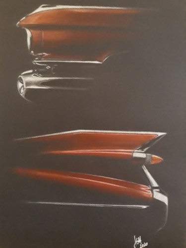 Tekening getiteld "Front end cadillac…" door Jg, Origineel Kunstwerk, Potlood Gemonteerd op Glas