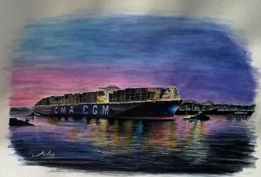 Painting titled "CMA-CGM Bougainvill…" by Julien Delente (Jules), Original Artwork, Watercolor