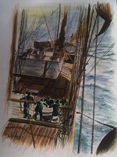 Pintura intitulada "Scène de mer, les C…" por Julien Delente (Jules), Obras de arte originais, Aquarela