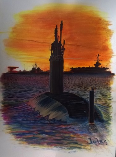 Pintura titulada "USS Washington (SSN…" por Julien Delente (Jules), Obra de arte original, Acuarela