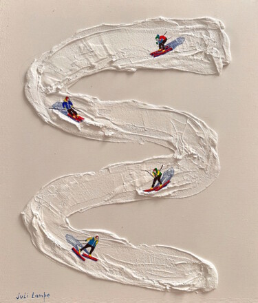 Schilderij getiteld "Winter Ski Lovers." door Juli Lampe, Origineel Kunstwerk, Acryl